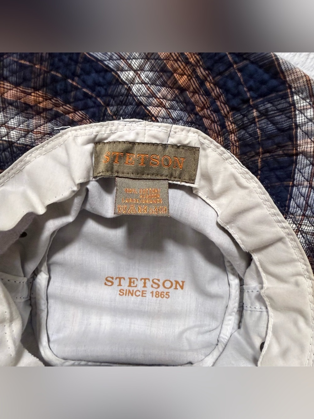Stetson Vintage Style Blue and Brown Plaid Bucket Hat Size L 100% Cotton Unisex